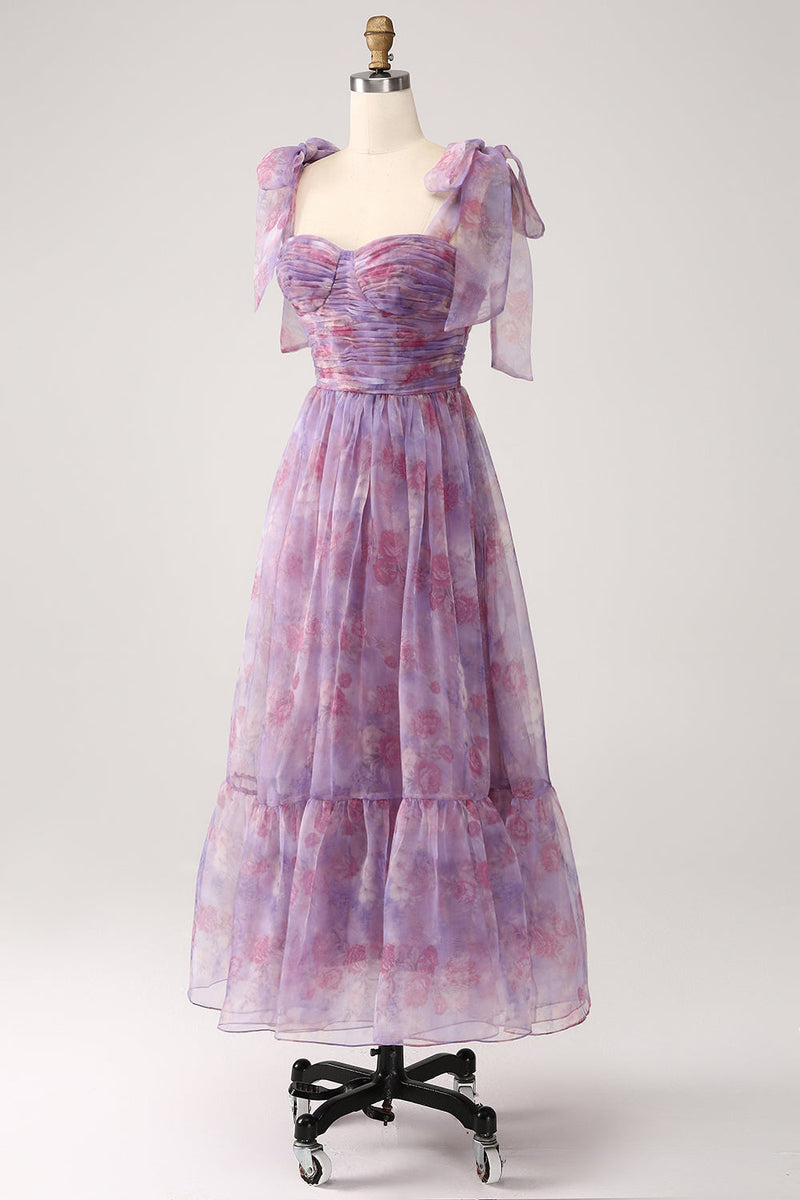 Load image into Gallery viewer, Purple Printed A Line Pleated Long Prom Dress