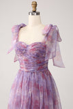 Purple Printed A Line Pleated Long Prom Dress