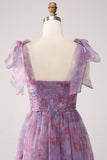 Purple Printed A Line Pleated Long Prom Dress