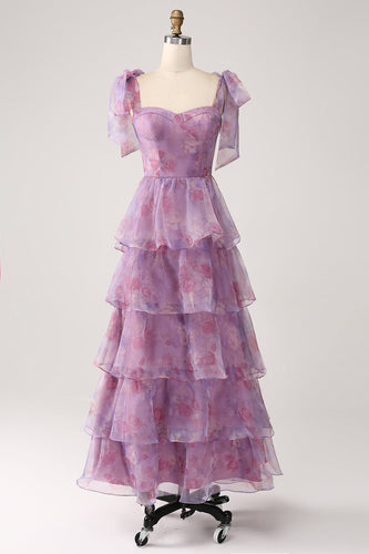 A Line Tiered Purple Printed Tea-Length Long Prom Dress