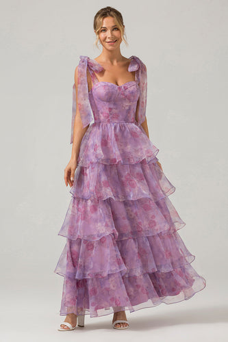 A Line Purple Printed Tiered Tea-Length Long Prom Dress