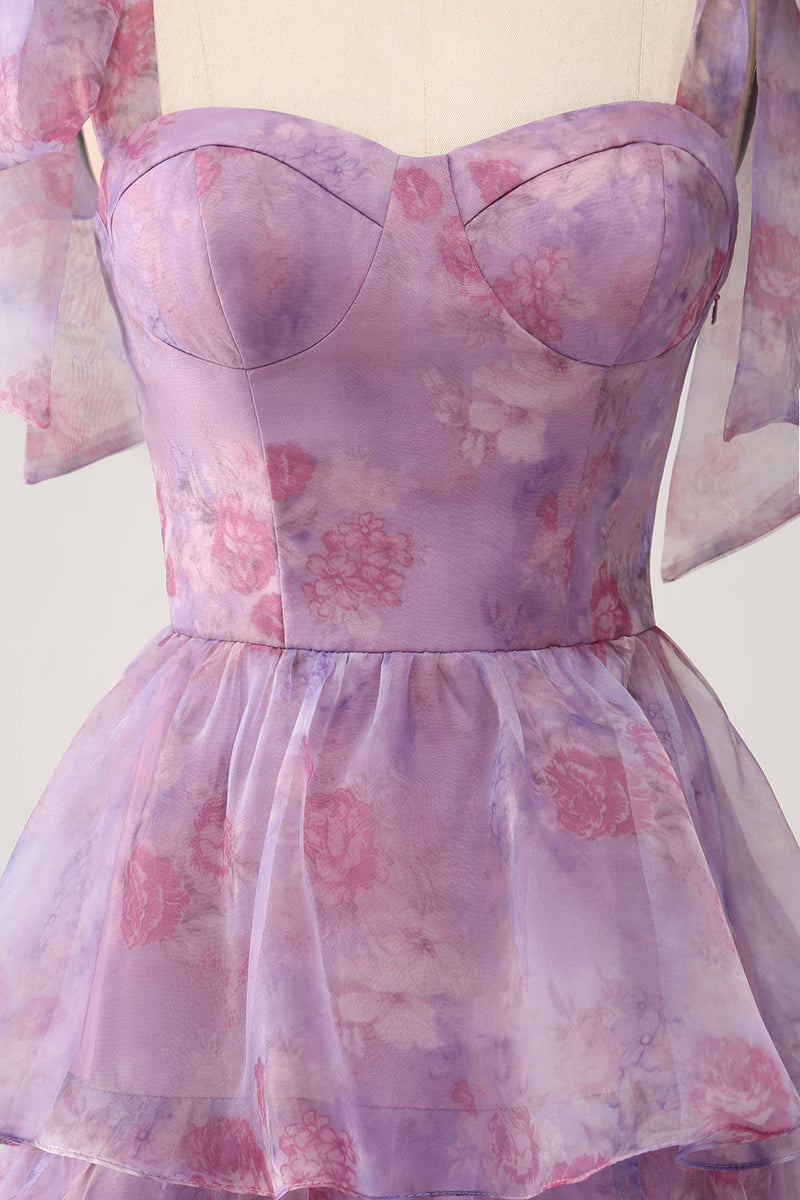 Load image into Gallery viewer, A Line Tiered Purple Printed Tea-Length Long Prom Dress