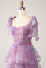 Load image into Gallery viewer, A Line Tiered Purple Printed Tea-Length Long Prom Dress