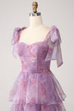 A Line Tiered Purple Printed Tea-Length Long Prom Dress