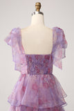 A Line Tiered Purple Printed Tea-Length Long Prom Dress