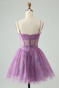 Purple A Line Spaghetti Straps Floral Corset Short Homecoming Dress