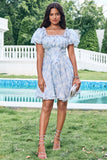 Sky Blue A Line Square Neck Print Floral Ruffle Short Homecoming Dress with Puff Sleeves