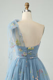 Grey Blue A Line One Shoulder Tulle Short Homecoming Dress with Floral Embroidery