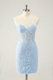 Light Blue Corset Sequins Sweetheart Short Tight Homecoming Dress with Lace-up Back