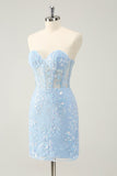 Light Blue Corset Sequins Sweetheart Short Tight Homecoming Dress with Lace-up Back