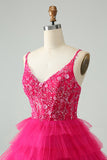 Hot Pink A Line Spaghetti Straps Tulle Tiered Short Homecoming Dress