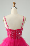 Hot Pink A Line Spaghetti Straps Tulle Tiered Short Homecoming Dress