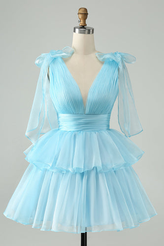 Sky Blue A Line V Neck Pleated Tiered Short Homecoming Dress