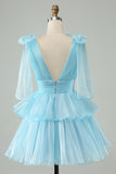 Sky Blue A Line V Neck Pleated Tiered Short Homecoming Dress