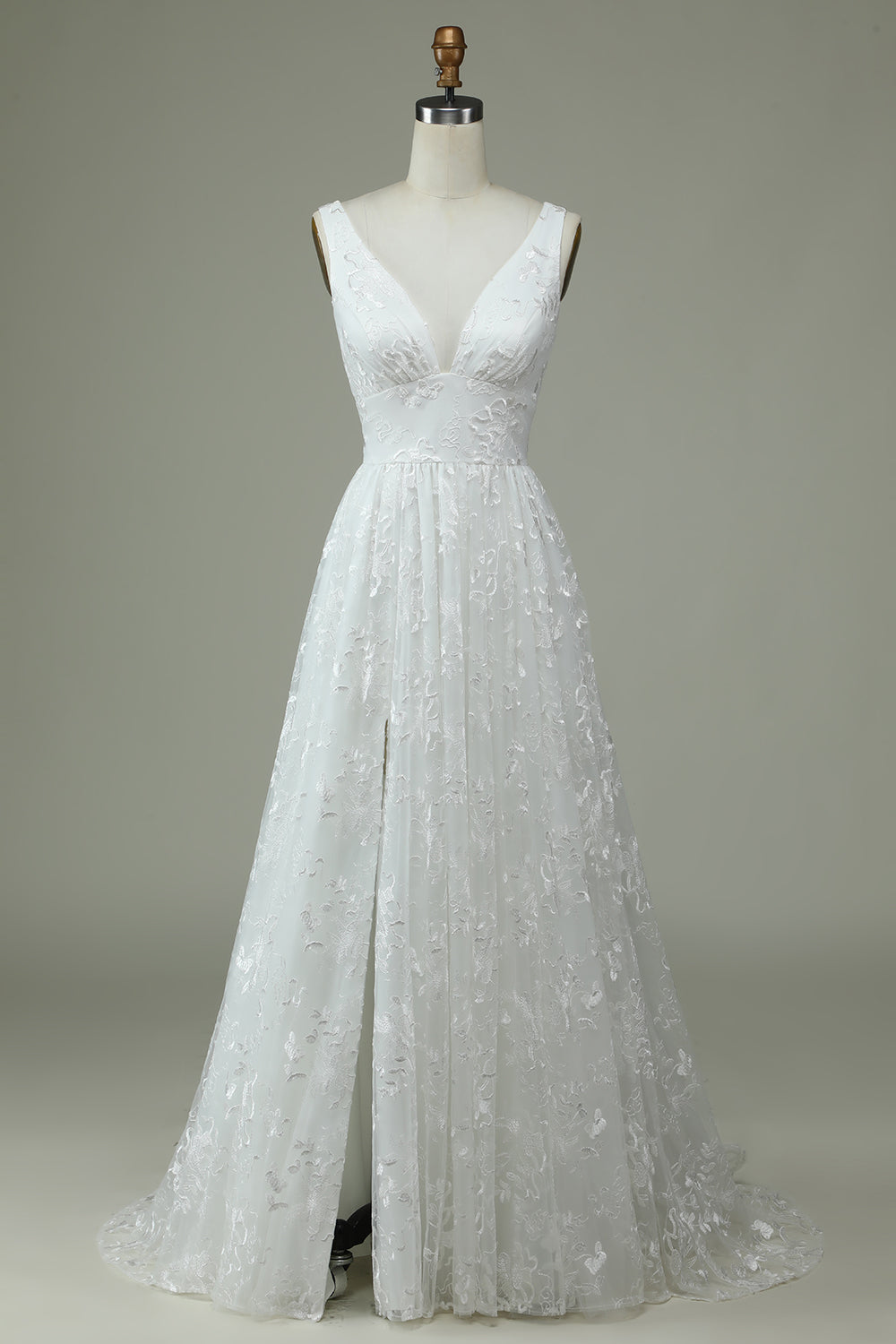 Ivory Lace V-Neck Wedding Dress with Slit