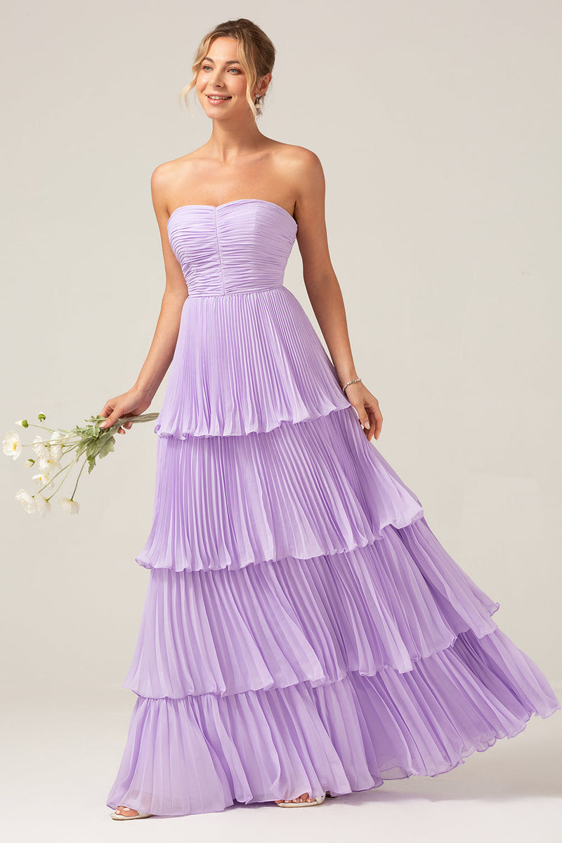 Load image into Gallery viewer, A-Line Sweetheart Tiered Chiffon Long Lilac Pleated Bridesmaid Dress