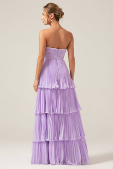 A-Line Sweetheart Tiered Chiffon Long Lilac Pleated Bridesmaid Dress