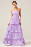 A-Line Sweetheart Tiered Chiffon Long Lilac Pleated Bridesmaid Dress