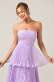 A-Line Sweetheart Tiered Chiffon Long Lilac Pleated Bridesmaid Dress