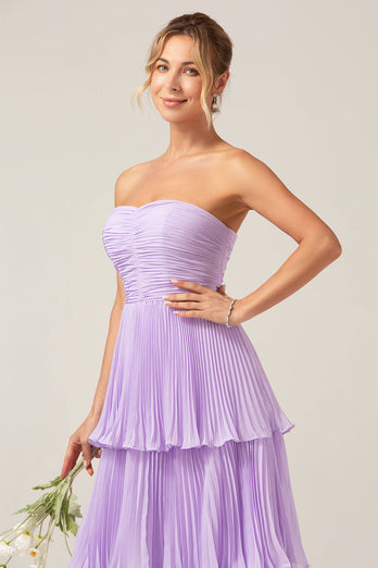 A-Line Sweetheart Tiered Chiffon Long Lilac Pleated Bridesmaid Dress