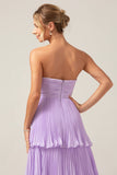 A-Line Sweetheart Tiered Chiffon Long Lilac Pleated Bridesmaid Dress