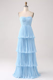 Strapless Sky Blue Prom Dress with Pleated