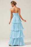 Sky Blue Sweetheart Pleated Tiered Long Bridesmaid Dress