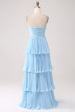 Strapless Sky Blue Prom Dress with Pleated