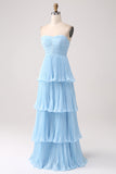 Strapless A-Line Lilac Pleated Chiffon Plus Size Long Bridesmaid Dress with Ruffles