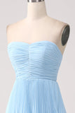 Strapless Sky Blue Prom Dress with Pleated