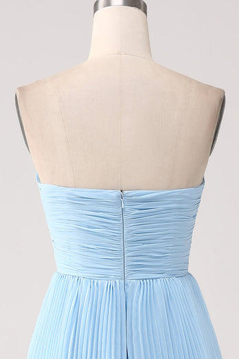 Strapless Sky Blue Prom Dress with Pleated