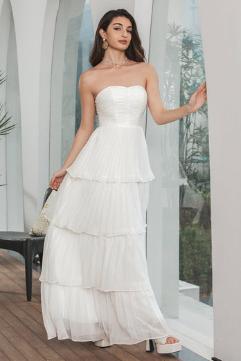 Simple White Pleated Tiered Engagement Party Dress