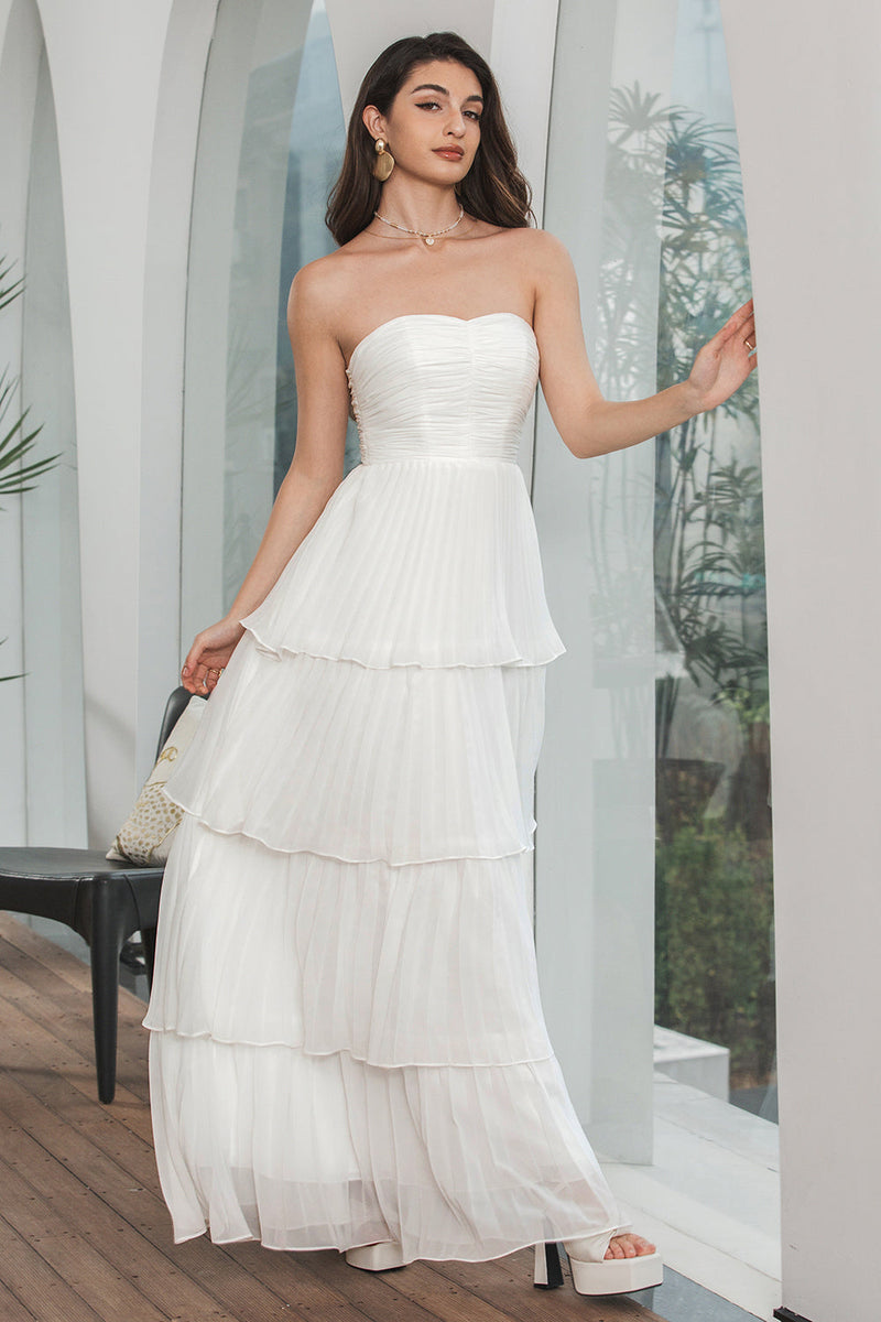 Load image into Gallery viewer, Simple White Pleated Tiered Engagement Party Dress
