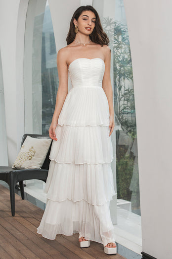 Simple White Pleated Tiered Engagement Party Dress