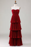 Strapless A-Line Lilac Pleated Chiffon Plus Size Long Bridesmaid Dress with Ruffles