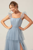 Detachable Straps A Line Tiered Long Dusty Blue Bridesmaid Dress