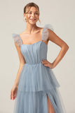 Detachable Straps A Line Tiered Long Dusty Blue Bridesmaid Dress