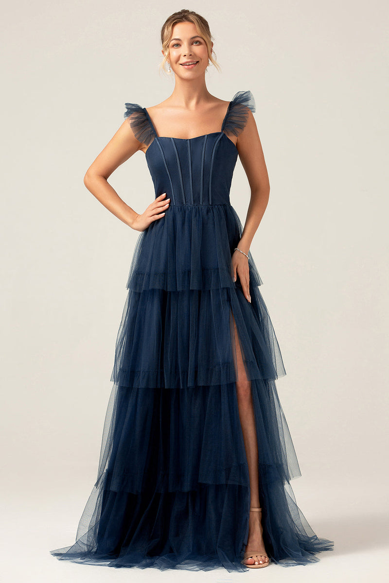 Load image into Gallery viewer, Detachable Straps A Line Navy Tiered Long Bridesmaid Dress