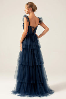 Detachable Straps A Line Navy Tiered Long Bridesmaid Dress