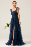 Detachable Straps A Line Purple Tiered Long Bridesmaid Dress