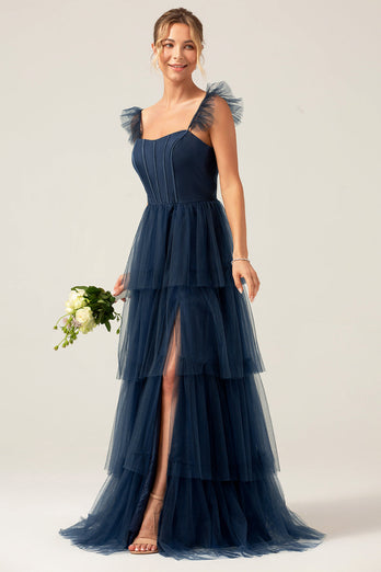 Detachable Straps A Line Navy Tiered Long Bridesmaid Dress