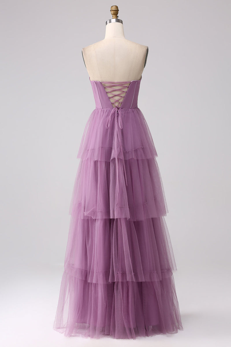 Load image into Gallery viewer, Purple A Line Tulle Tiered Pleated Long Prom Dress with Slit