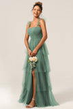 Detachable Straps A Line Tiered Long Dusty Blue Bridesmaid Dress