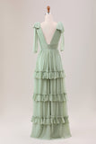 Dusty Sage A Line Chiffon Bridesmaid Dress with Ruffles