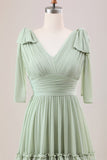 Dusty Sage A Line Chiffon Bridesmaid Dress with Ruffles