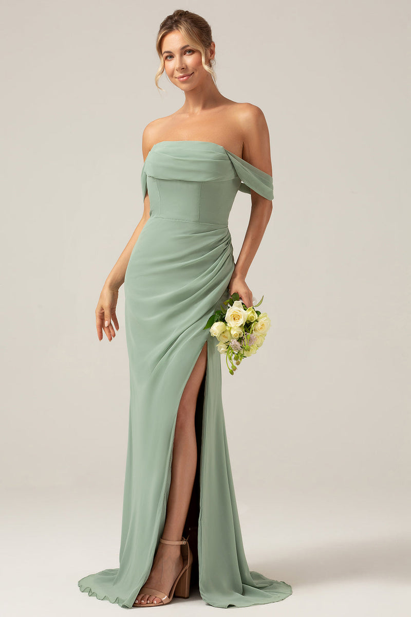 Load image into Gallery viewer, Off the Shoulder Sheath Chiffon Pleated Dusty Sage Bridesmaid Dress