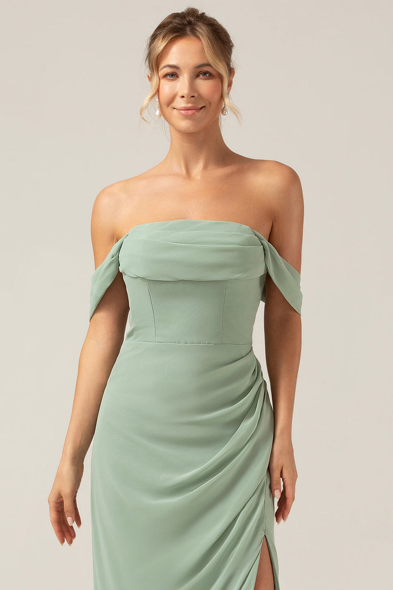 Load image into Gallery viewer, Off the Shoulder Sheath Chiffon Pleated Dusty Sage Bridesmaid Dress