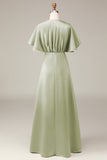 Dusty Sage A-line Satin V-Neck Choir Dress with Flutter Sleeves