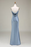 Dusty Blue Sheath Spaghetti Straps Backless Satin Long Bridesmaid Dress