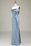 Dusty Blue Sheath Spaghetti Straps Backless Satin Long Bridesmaid Dress